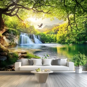 Tranquil Living Room with Forest Waterfall Scene