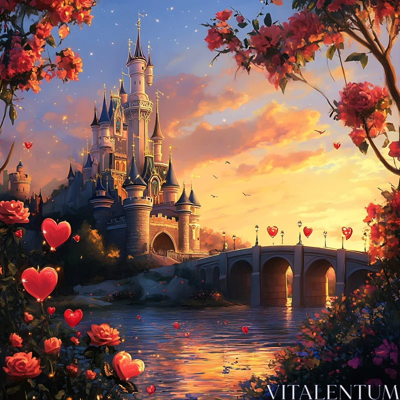 Fairytale Castle with Blossoms and Hearts AI Image