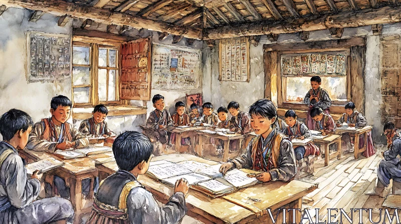 Watercolor Classroom Scene with Young Students AI Image