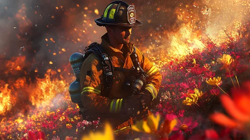 Firefighter Amidst Blaze in Floral Landscape