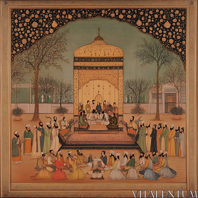 Indian Mughal-style Courtyard Gathering Painting AI Image