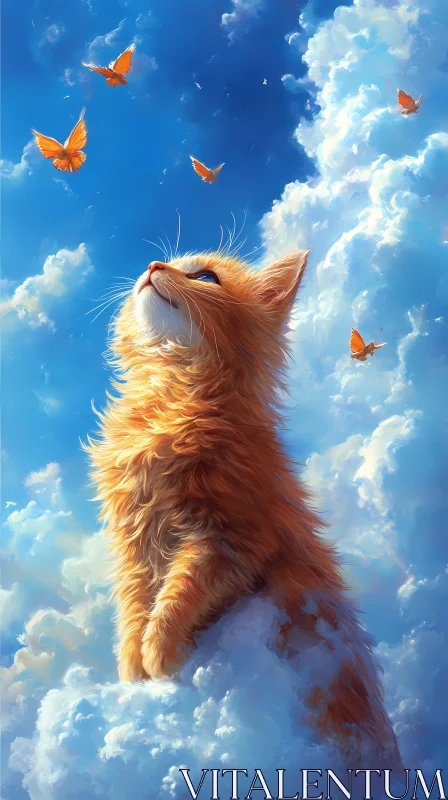 Feline and Butterflies in the Sky AI Image