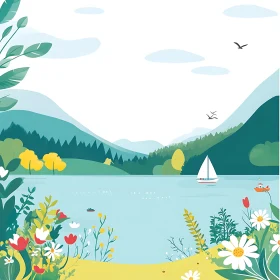 Peaceful Lake Scene with Distant Mountains and Blooming Wildflowers