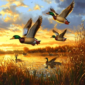 Sunset Flight of Ducks over Water