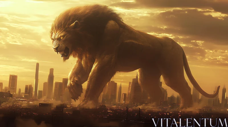 Giant Lion in Urban Landscape AI Image