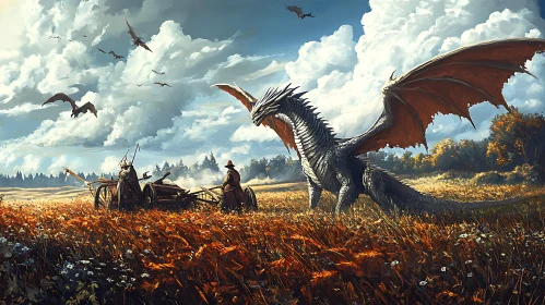 Fantasy Dragon in Field with Figures