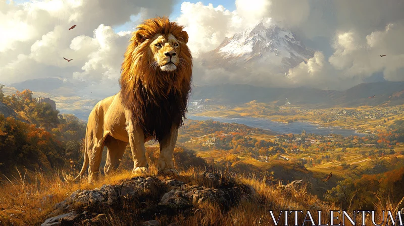 Regal Lion in Scenic Wilderness AI Image