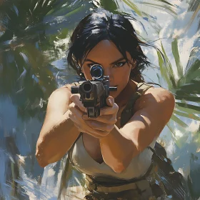 Female warrior with a gun in jungle