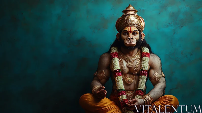 AI ART Meditative Hanuman with Golden Crown