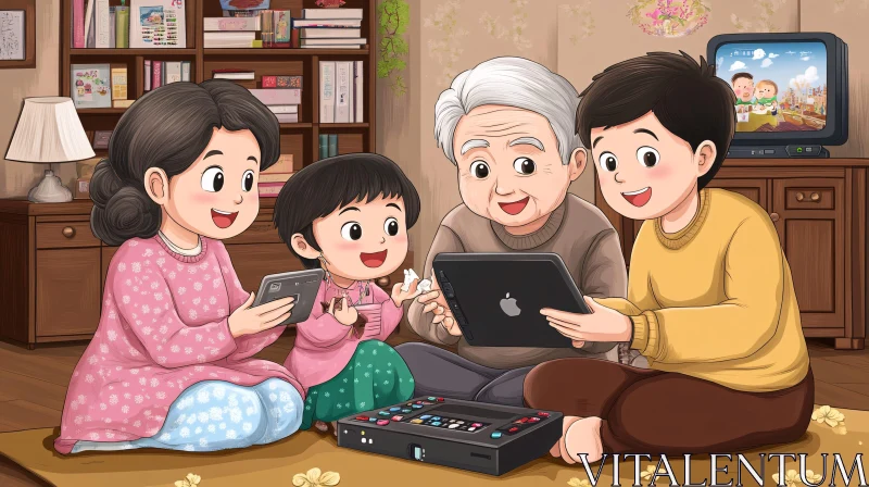 Cartoon Family with Tablets AI Image