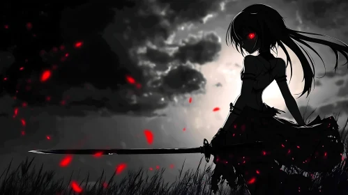 Silhouette Anime Warrior with Red Eyes