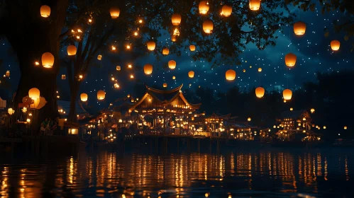 Lanterns Reflecting on Water at Night