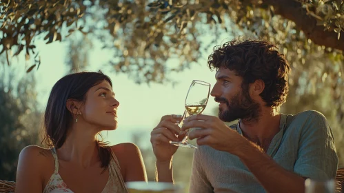 Couple Celebrating with Wine Outdoors