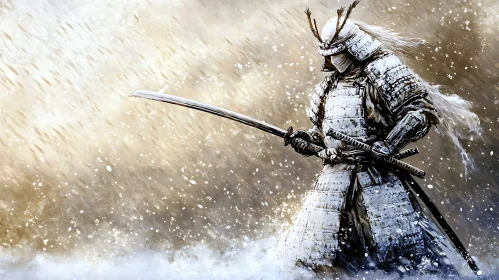 Armored Samurai with Katana in Snow