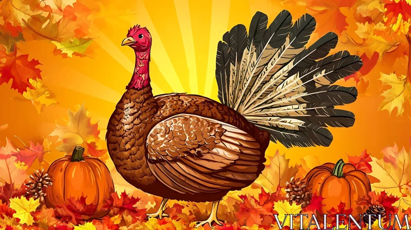 Autumnal Turkey with Pumpkins and Leaves AI Image