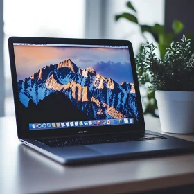 Laptop with Scenic Mountain Display in Office Setup
