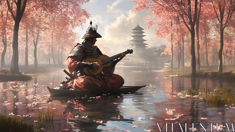 Cherry Blossom Lake Guitarist AI Image