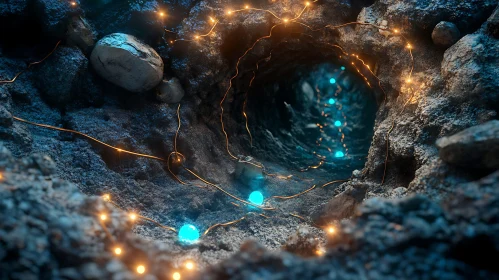 Mystical Cave with Glowing Orbs