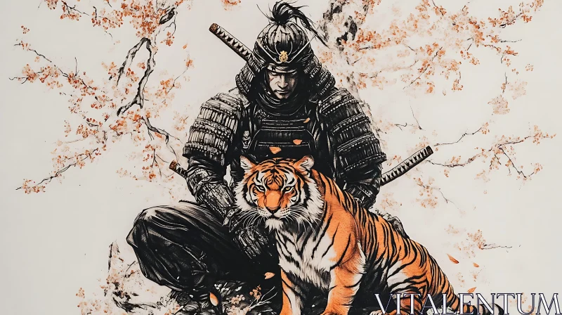 Armored Samurai with Tiger Companion Artwork AI Image