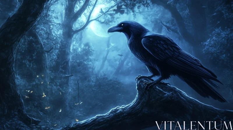 Night Raven Perched on Branch AI Image