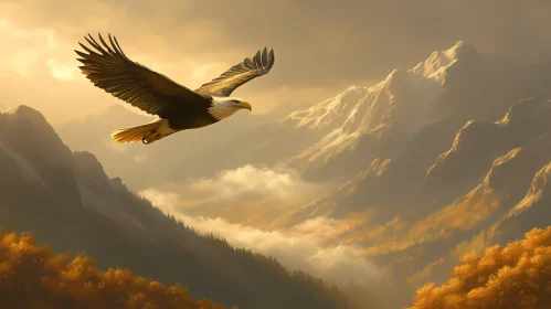 Eagle in Flight Over Scenic Autumnal Peaks