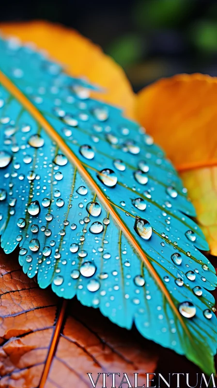 Autumn Leaves with Raindrops: A Turquoise and Amber Display AI Image