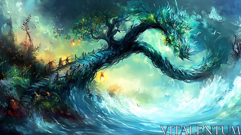 Whimsical Dragon Tree and Wave Creation AI Image