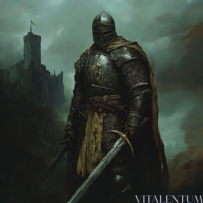 AI ART Armored Knight with Swords Near Fortress