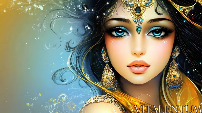 AI ART Beautiful Woman with Blue Eyes and Gold