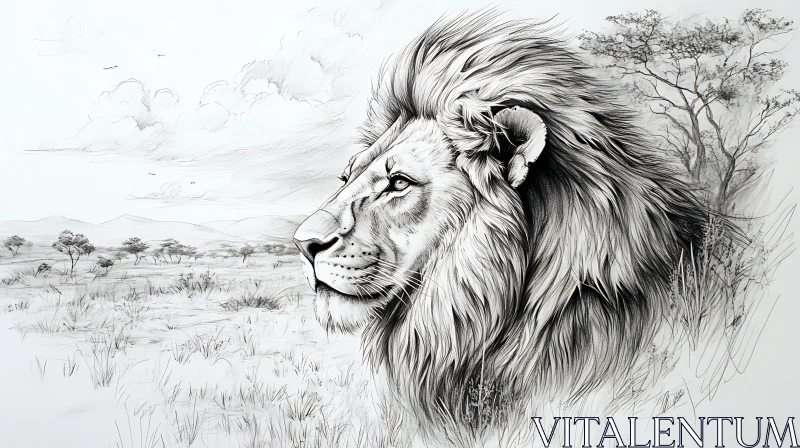 AI ART Monochrome Lion on Savanna