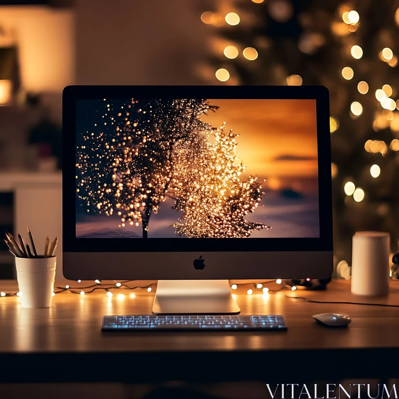 Serene Desk Setup with Illuminated Trees on Screen AI Image