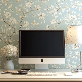 Calm Home Office Setup with Floral Details