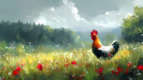 Rural Scenery with Rooster and Wildflowers