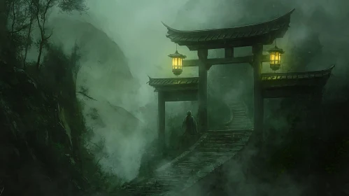 Foggy Asian Architecture with Monk