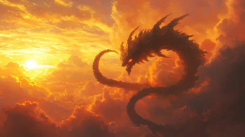 Serpentine Dragon Amidst Golden Clouds