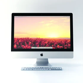 Modern Desktop Setup with Sunset Flower Wallpaper