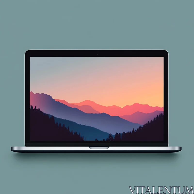 Serene Mountain Sunset Display on Laptop AI Image