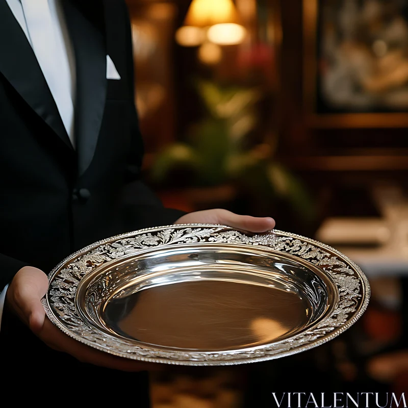 Formal Butler with Decorative Silver Plate AI Image