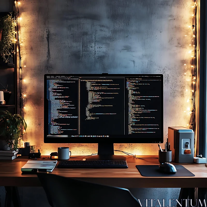 Cozy Developer Workspace with Large Monitor AI Image