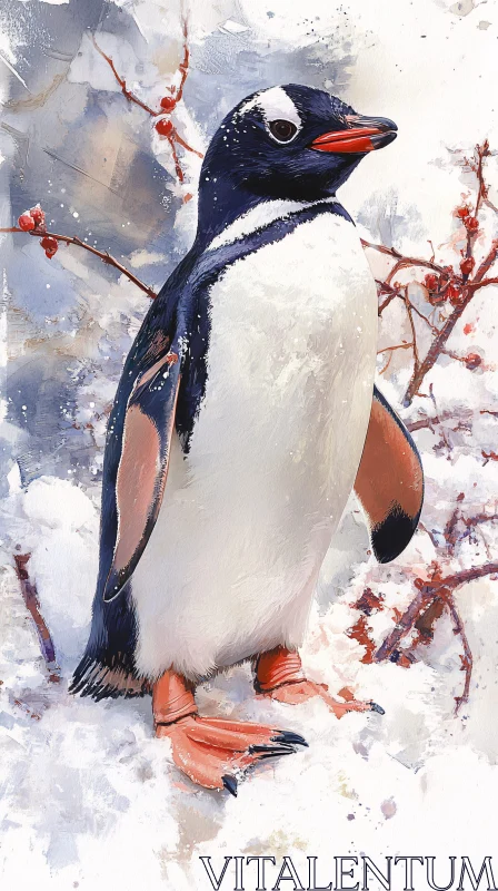 Penguin Amidst Snow and Berries AI Image