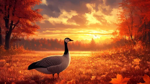 Goose Amidst Fall Colors at Sunset