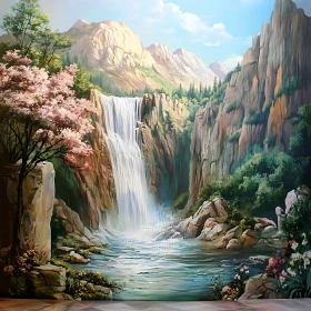 Peaceful Scene of a Waterfall in a Mountainous Forest