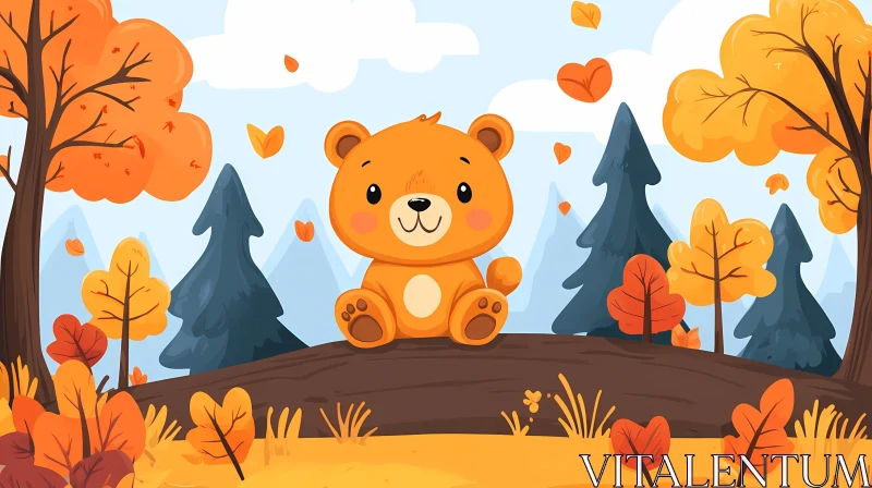 Adorable Bear Illustration in Forest Setting AI Image