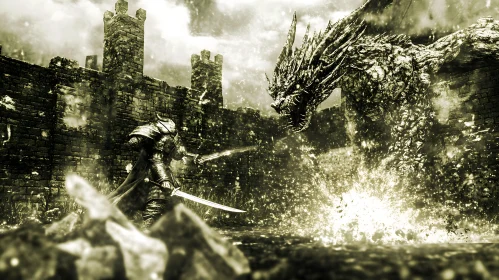 Dragon Confrontation Near Castle