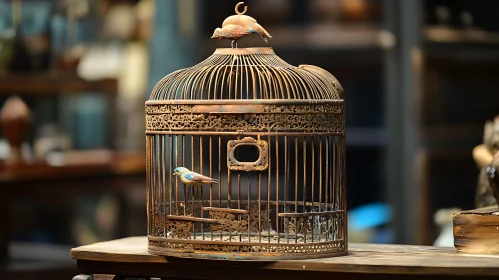 Antique Birdcage with Bird