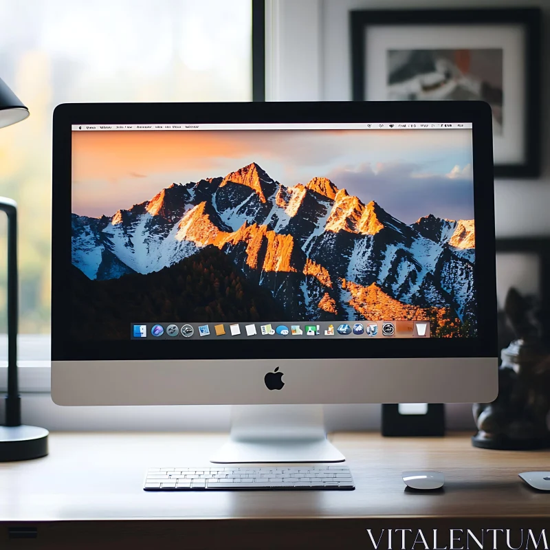 Apple iMac on Wooden Desk with Mountain Wallpaper AI Image