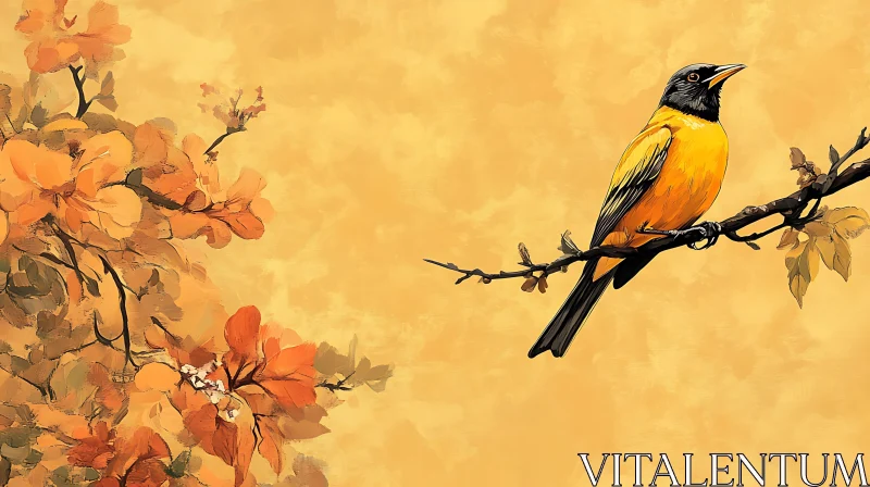 Golden Bird and Floral Still Life AI Image