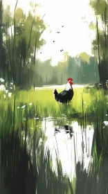 Rooster by a Calm Pond in Nature