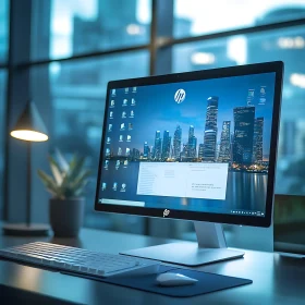 Contemporary Office Computer with City Skyline Display