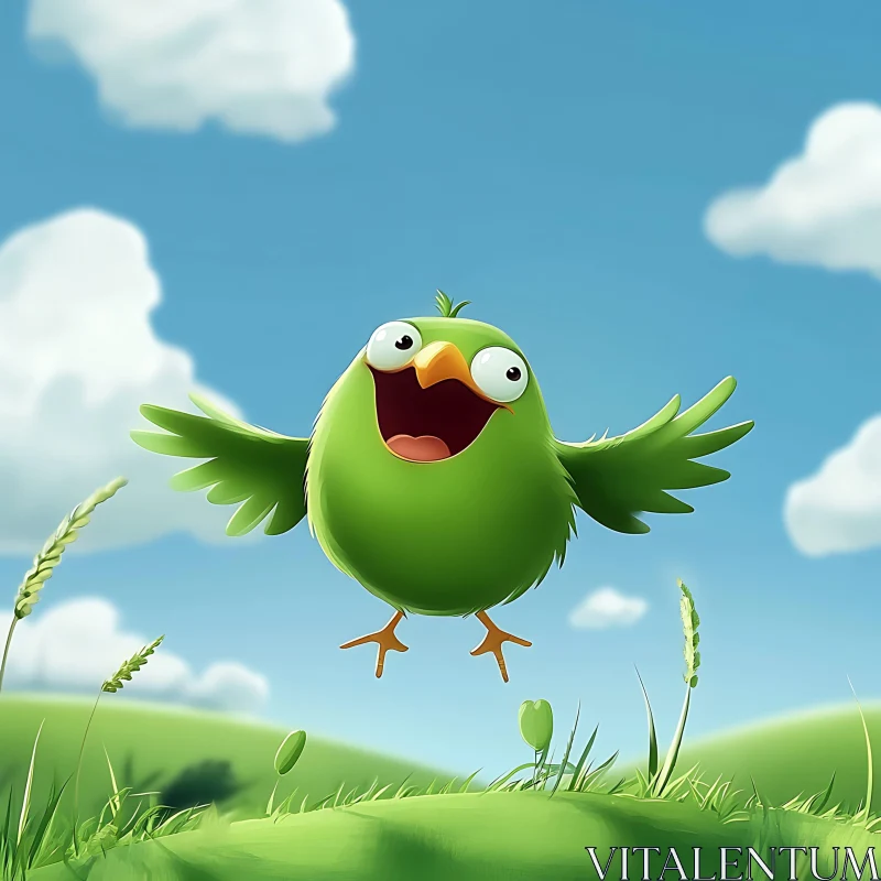 Cartoon Bird Flying in Sunny Sky AI Image